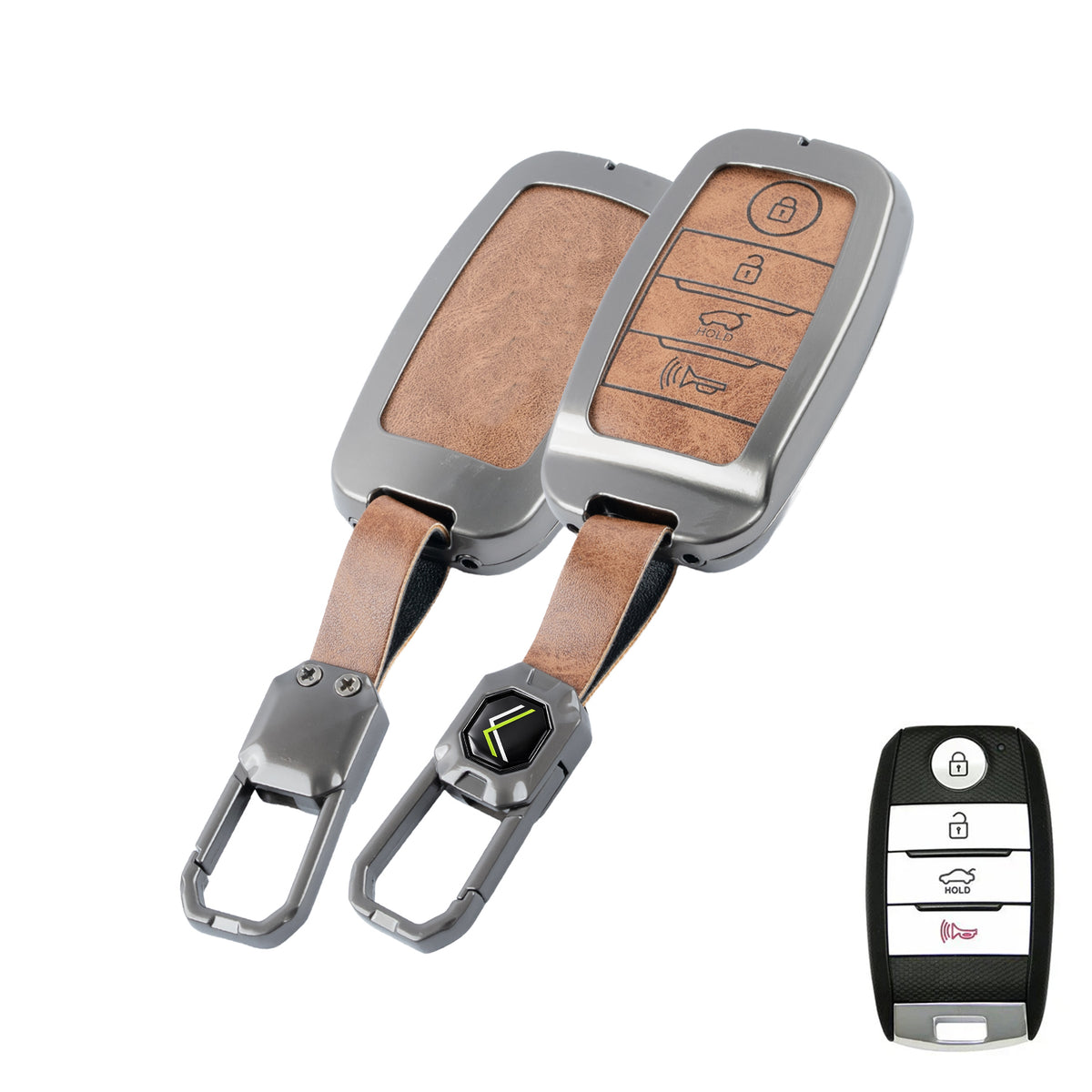 Metal Leather Brown Car Key Cover Compatible For Kia: Seltos, Sonet, Carens, Carnival (4 Button Smart Key)