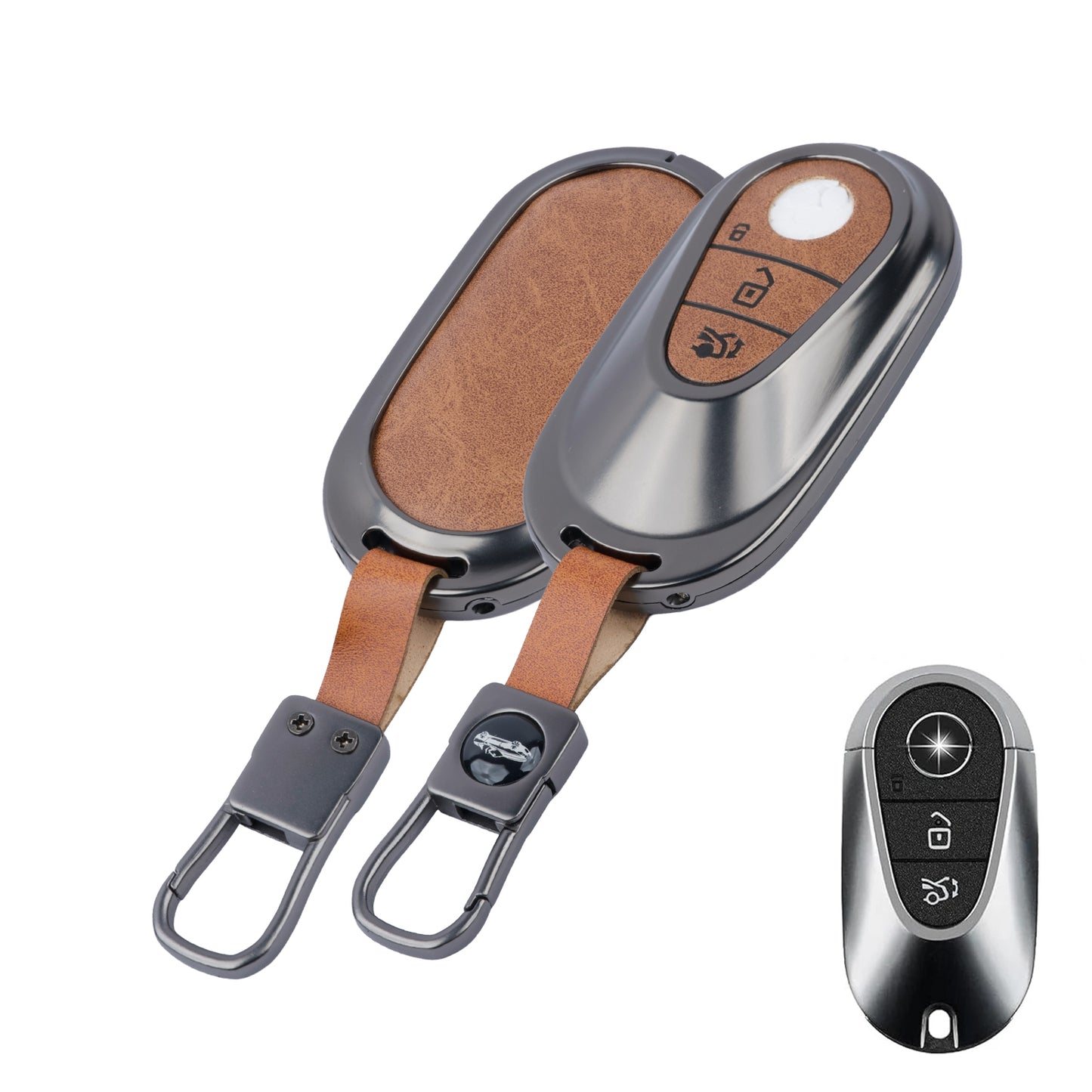 Metal Leather Car Key Cover Compatible For New Mercedes Benz Maybach | S Class | E Class (3 Button Smart Key)