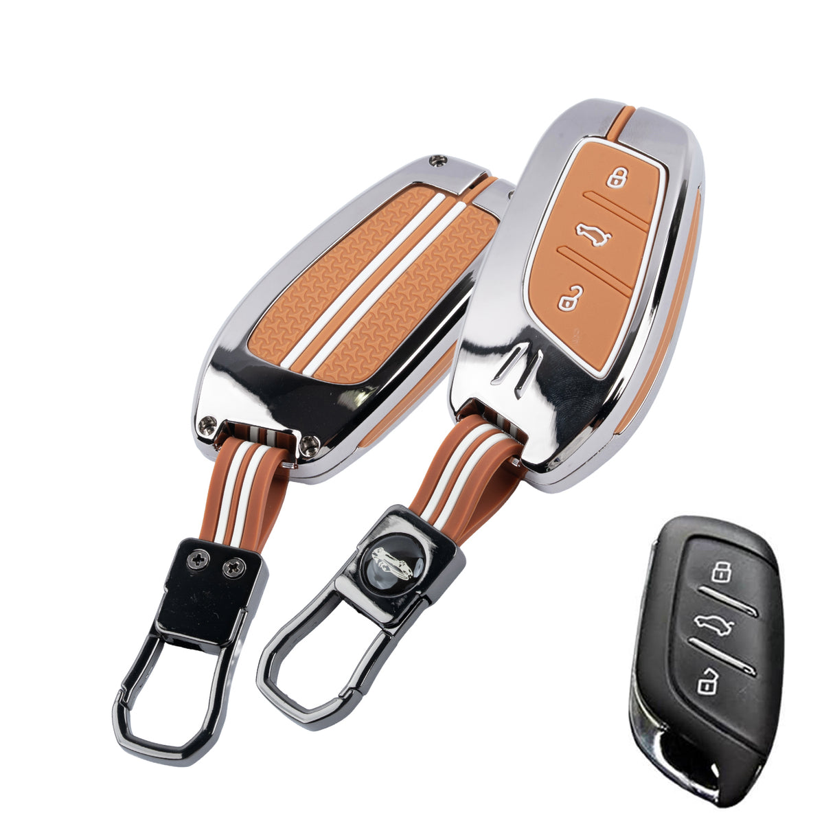 Metal Sapphire Key Cover With Key Chain Compatible with MG Astor, MG ZS EV (3 Button smart key)