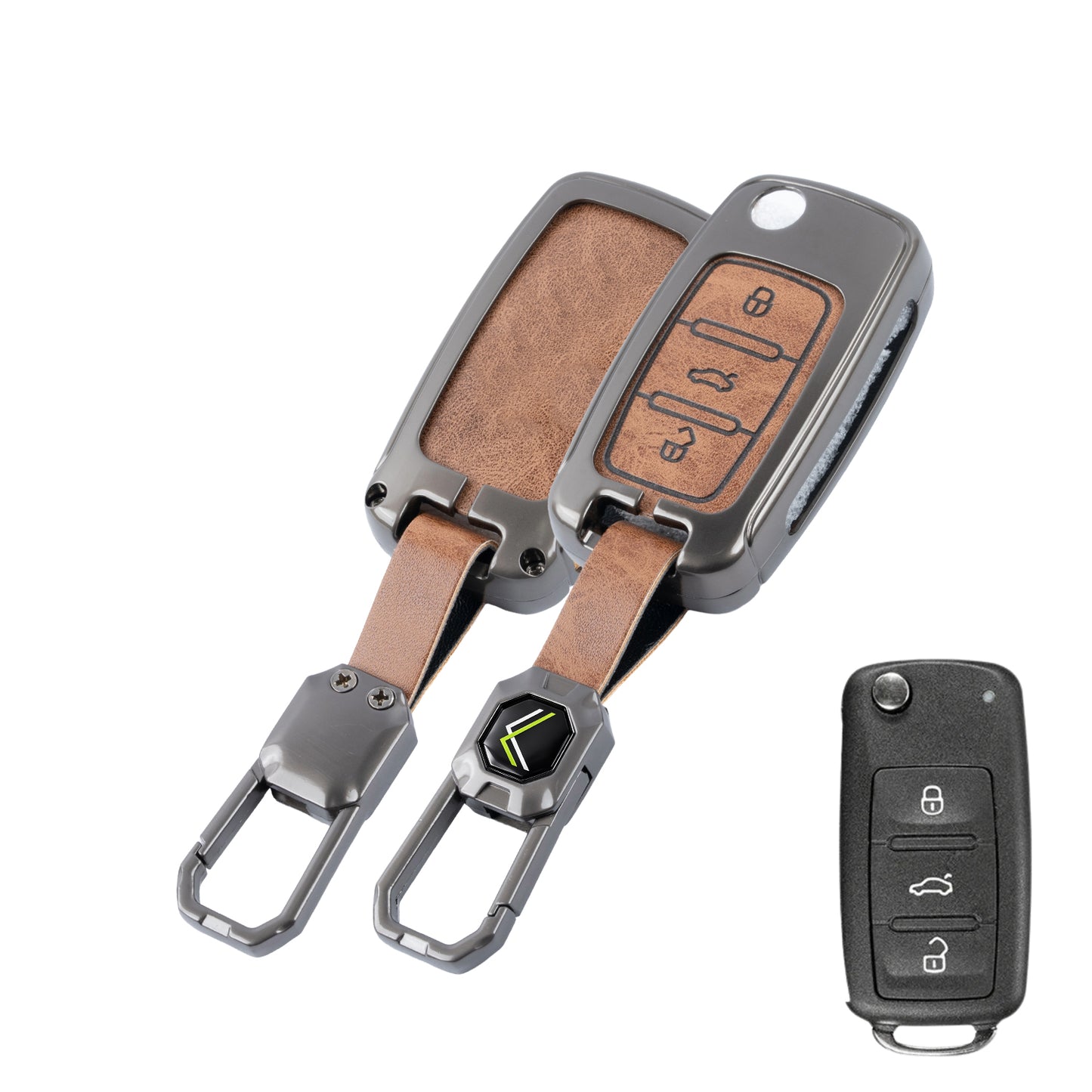 Metal Leather Brown Car Key Cover Compatible For Skoda : Octavia, Fabia, Laura, Superb, Rapid, Yeti & Volkswagen : Polo, Vento, Jetta, Ameo (3 Button Flip Key)