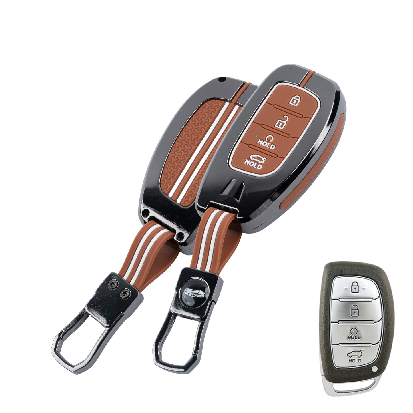 Metal Sapphire Key Cover With Key Chain Compatible with Hyundai: Alcazar, Creta 2021 onwards (4 button smart key)