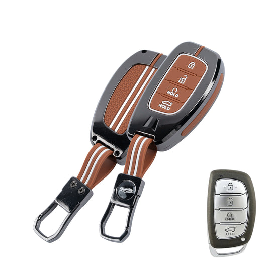 Metal Sapphire Key Cover With Key Chain Compatible with Hyundai: Alcazar, Creta 2021 onwards (4 button smart key)