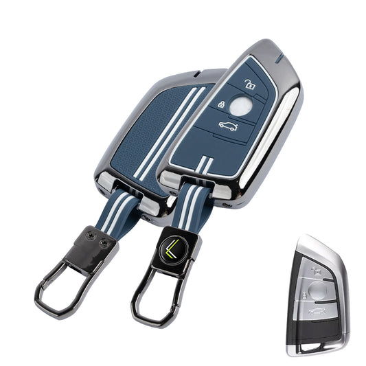 Metal Key Cover With Key Chain Compatible With BMW GT-Series | X-Series | M-Series | 3-Series | 5-Series | 7-Series 3 Button Smart Key