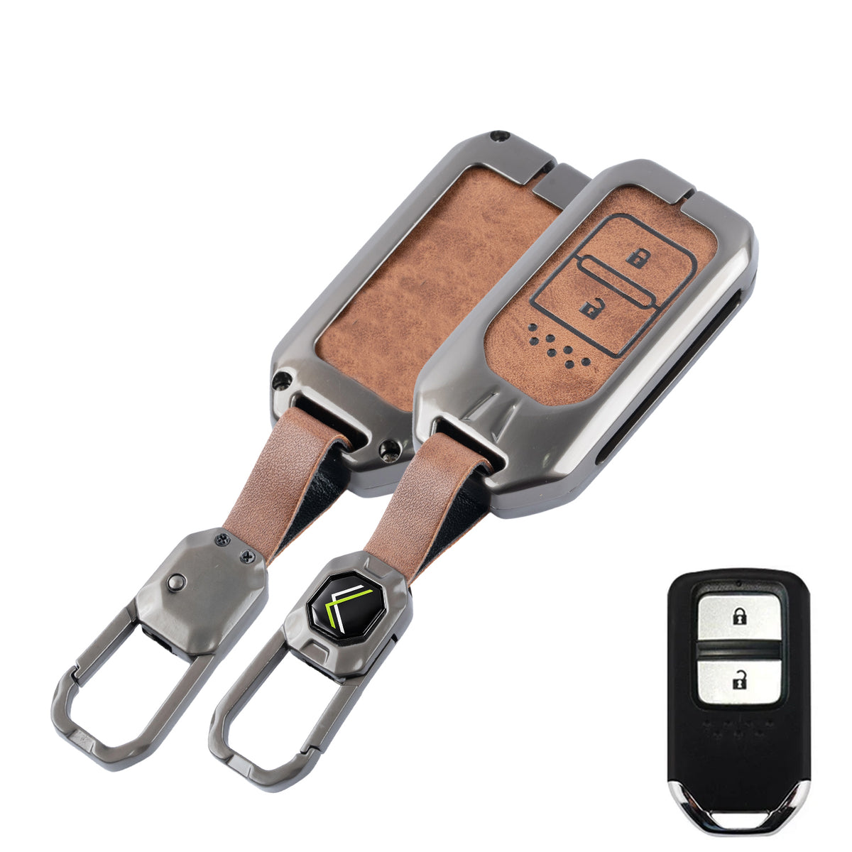 Metal Leather Brown Key Cover Compatible For Honda: Elevate, City, Jazz, Amaze, Accord, BR-V, CR-V, WR-V, Civic (2 button smart key)