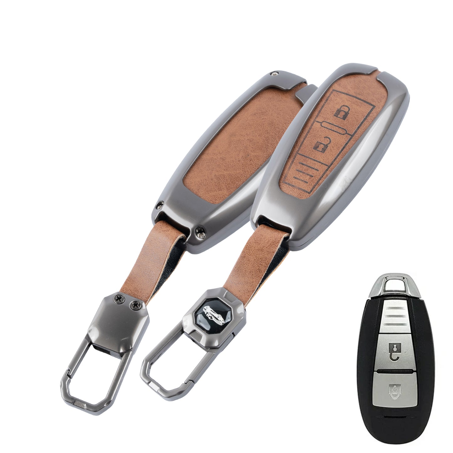 Metal Leather Brown Car Key Cover Compatible For  Suzuki: Baleno, Ciaz, Ignis, S-Cross, Grand Vitara, Brezza & Toyota Urban Cruiser (3 Button smart key)