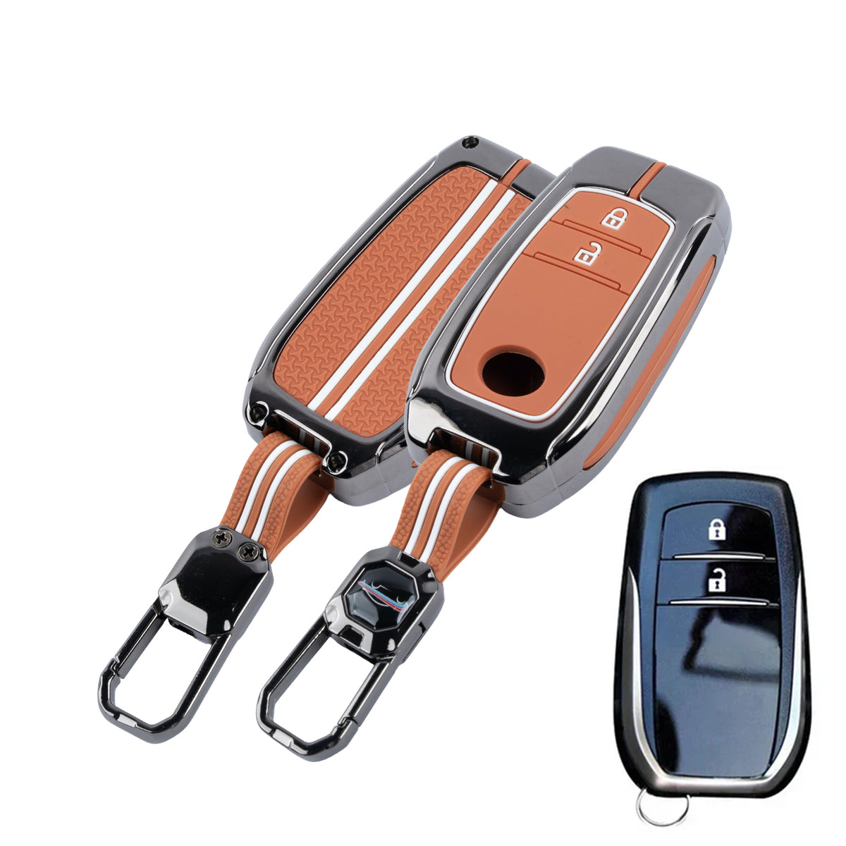Metal Sapphire Key Cover With Key Chain Compatible with Toyota: Innova Crysta, Innova HyCross, Hilux (2 button smart key)