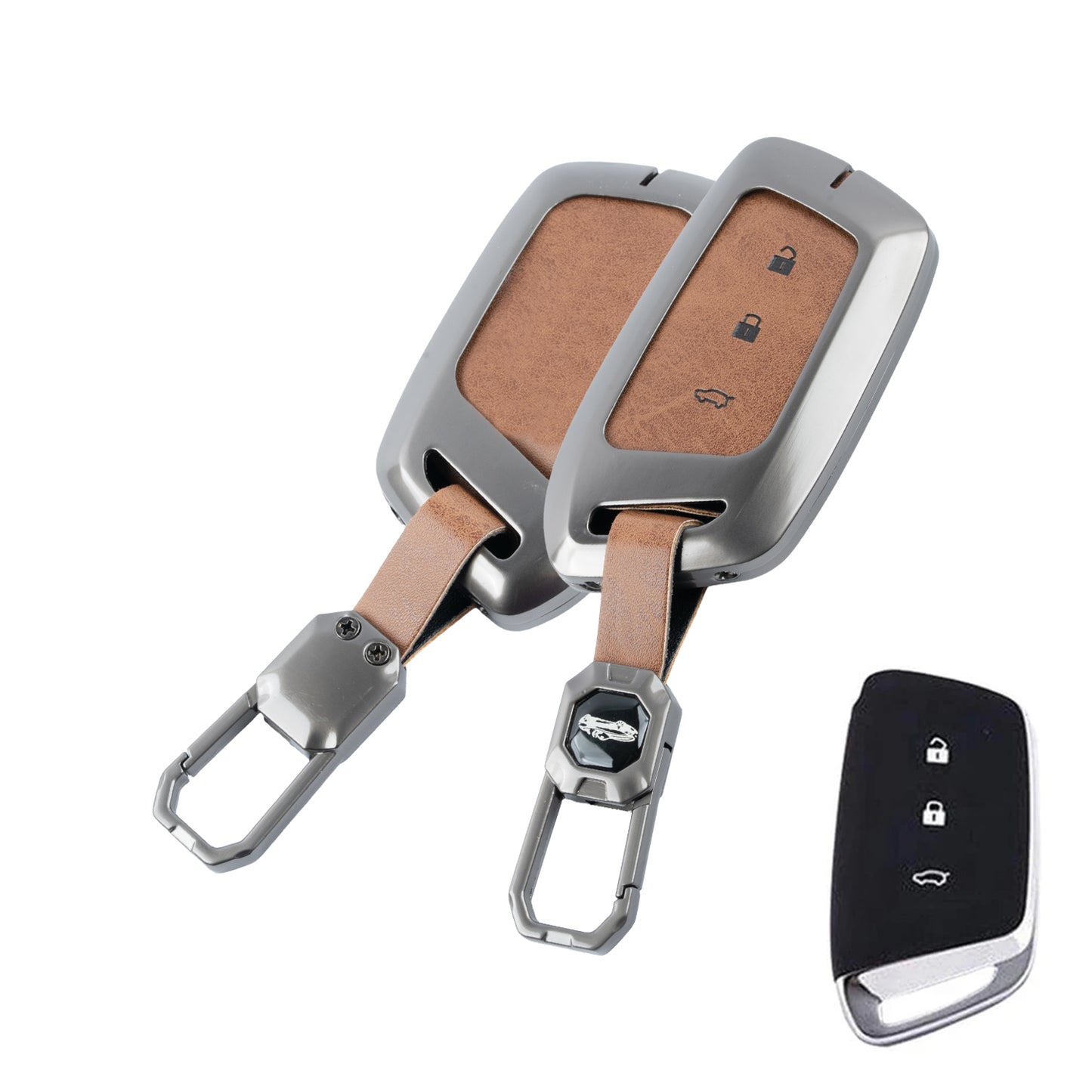 Metal Leather Brown Car Key Cover Compatible For MG Hector | MG Windsor | MG Astor | MG Gloster 3 Button smart key)