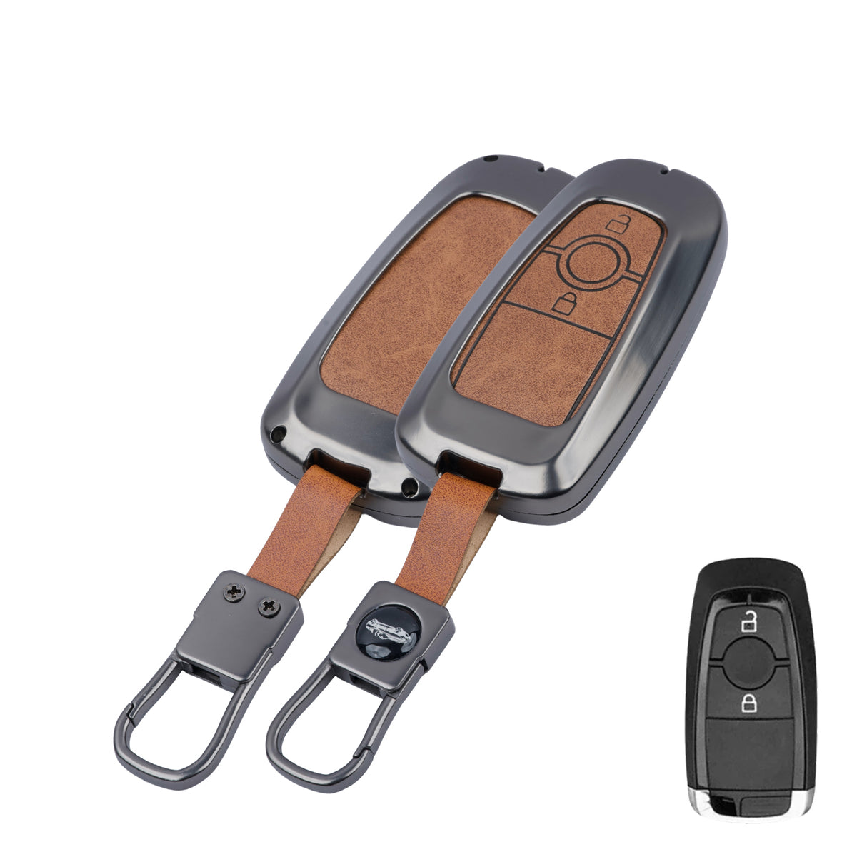 Metal Leather Key Cover Compatible for Ford Ecosport | Endeavour | Freestyle | Aspire | Figo (2 button Smart Key)