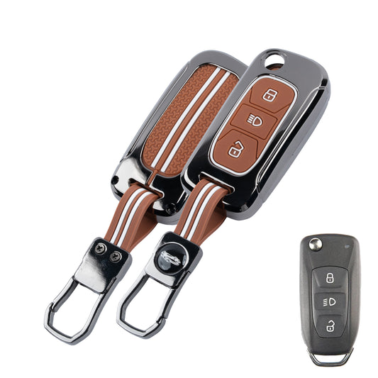 Metal Key Cover With Key Chain Compatible with Tata: Nexon, Harrier, Safari, Altroz, Punch, Tiago, Tigor, Zest, Bolt, Hexa (3 button Flip Key)