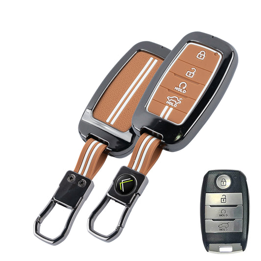 Metal Sapphire Key Cover With Key Chain Compatible with kia : Seltos, Sonet, Carens, Seltos x line, Carnival (4 button smart key)