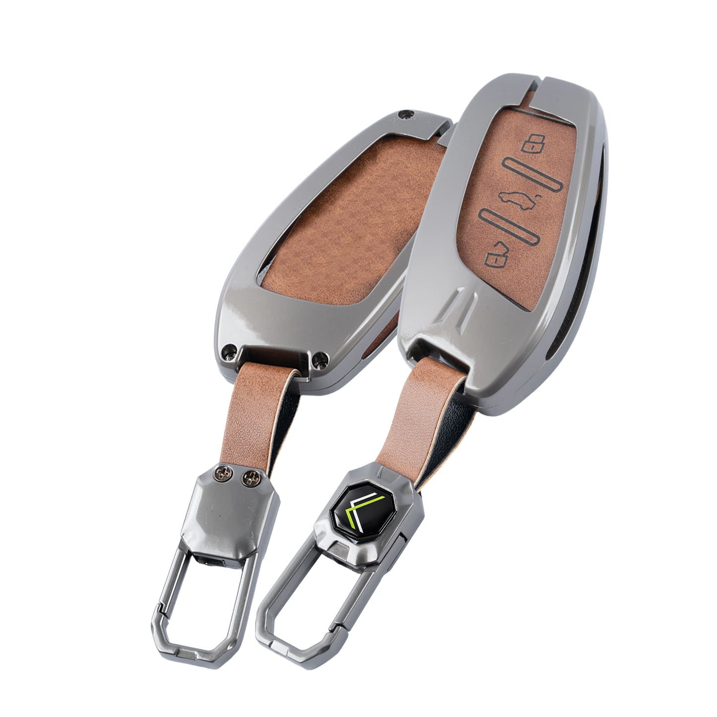 Metal Leather Brown Car Key Cover Compatible For MG Astor, MG ZS EV (3 Button smart key)
