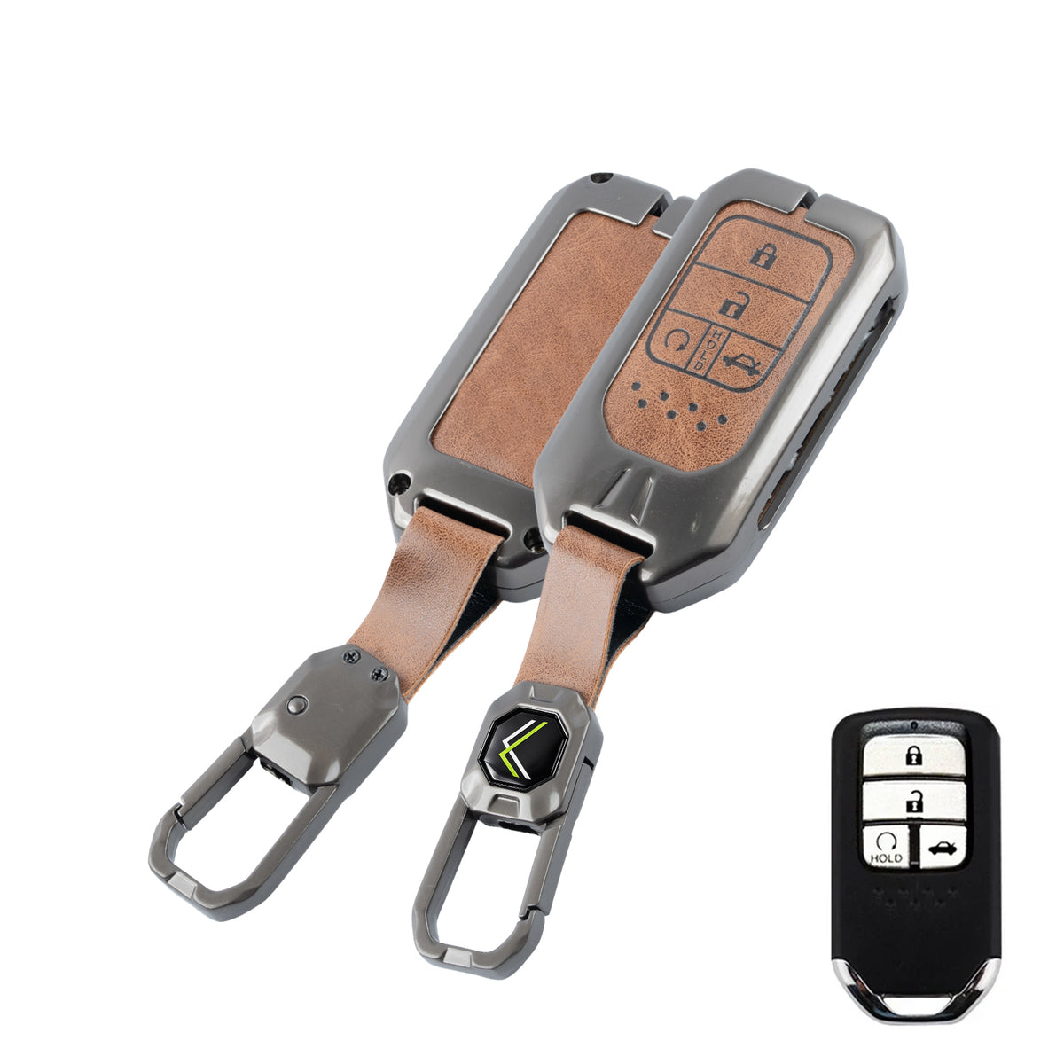 Metal Leather Brown Car Key Cover Compatible For Honda : City, Civic, Jazz, Brio, Amaze, Cr-v, Wr-v, Br-v, Mobilio (4B Smart Key)