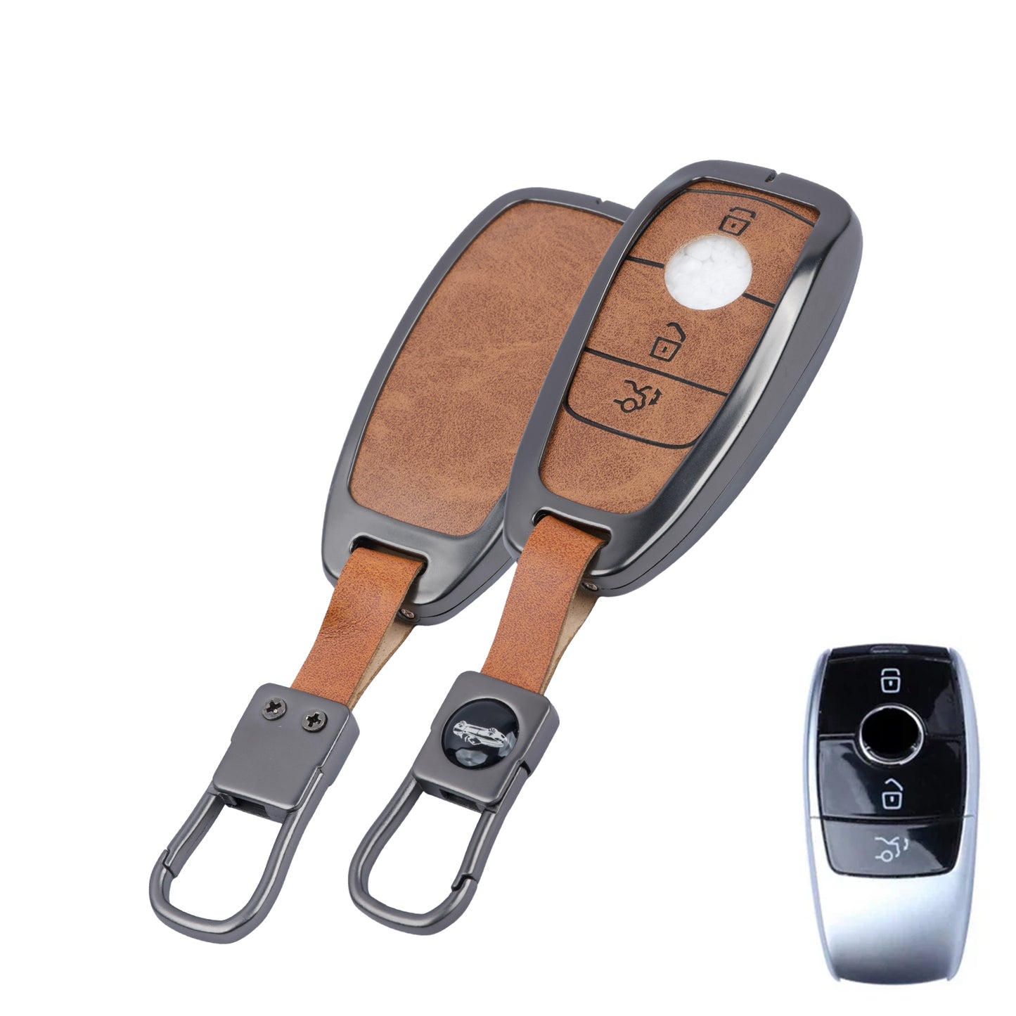 Metal Leather Brown Key Cover Compatible For Mercedes-Benz : E-Class, S-Class, A-Class, C-Class, G-Class 2020 Onwards