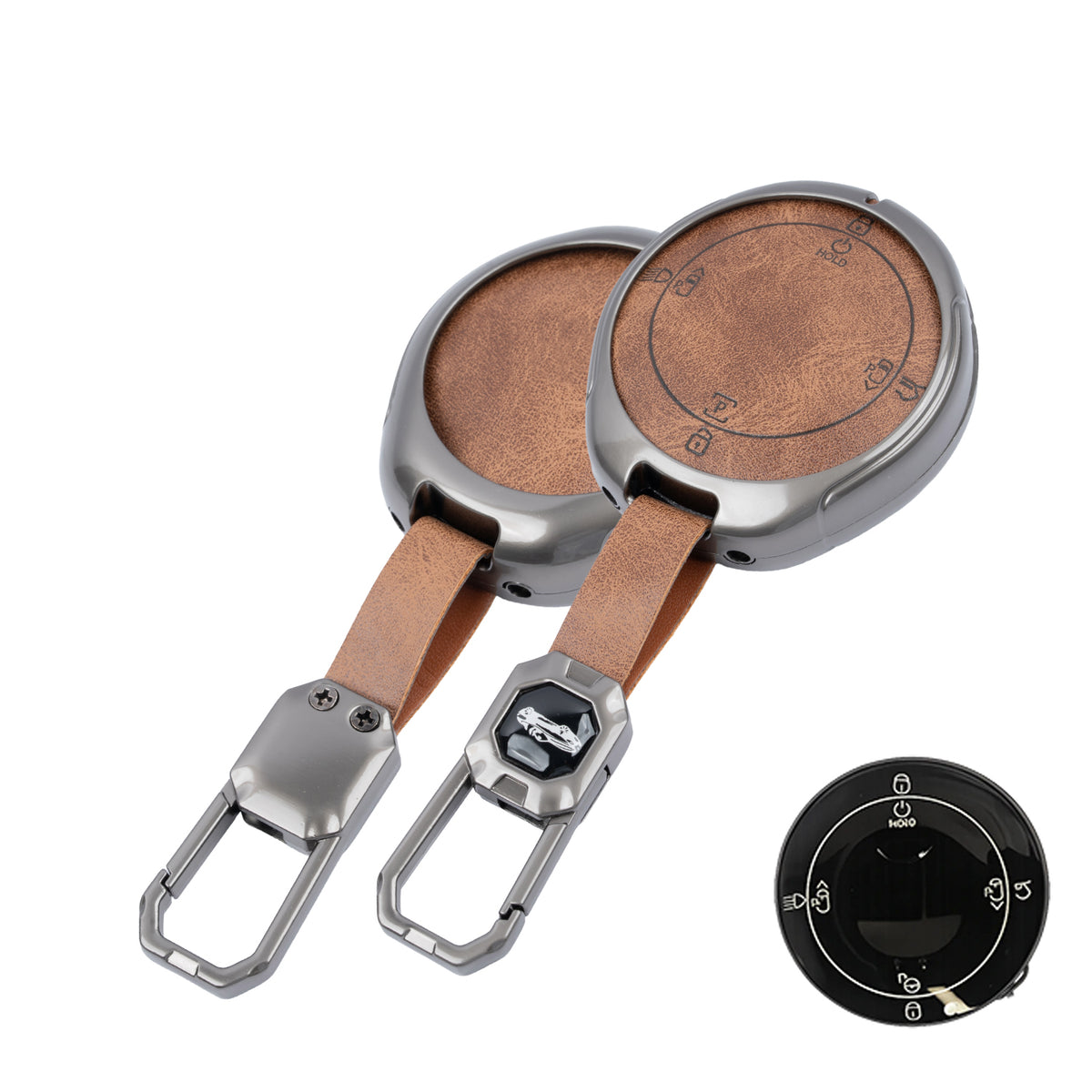Metal Leather Brown Car Key Cover Compatible For TATA Harrier EV 4 button Smart Key.