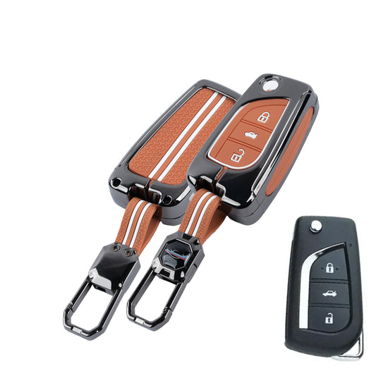 Metal Sapphire Key Cover With Key Chain Compatible with Toyota: Innova Crysta, Corolla Altis. (3 button flip key)