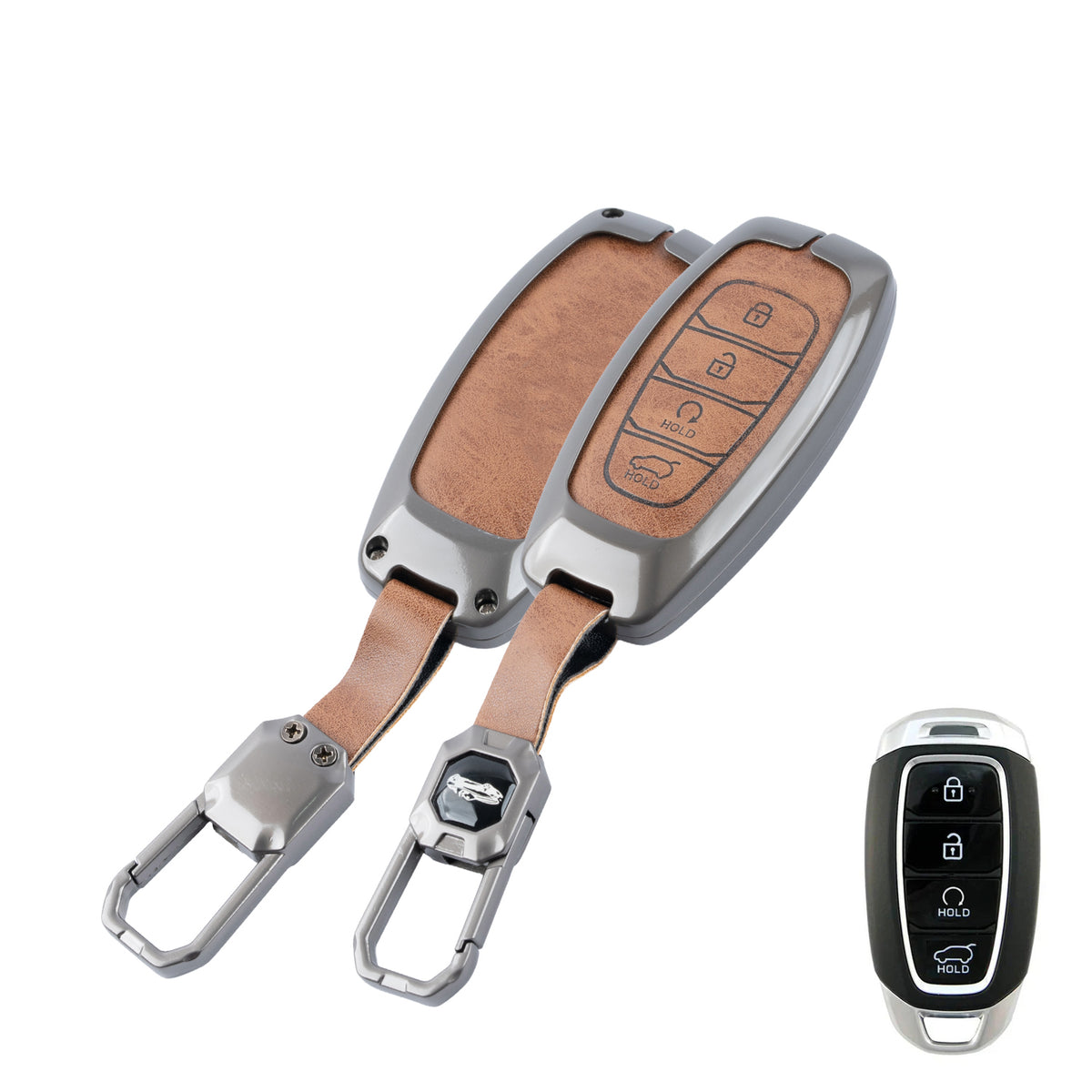 Metal Leather Brown Key Cover Compatible For Hyundai: i20, Verna 2023 onwards (4 button smart key)