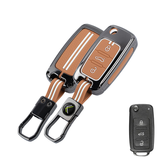 Metal Key Cover Compatible For Skoda : Octavia, Fabia, Laura, Superb, Rapid, Yeti & Volkswagen : Polo, Vento, Jetta, Ameo(3 Button Flip Key)