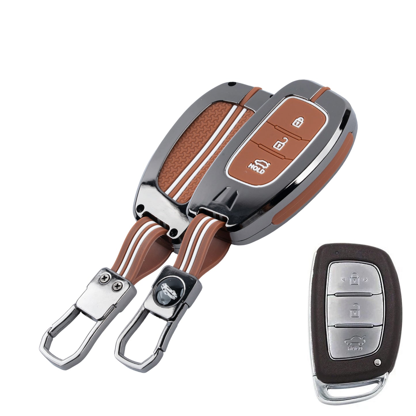 Metal Key Cover Compatible For Hyundai: i20, Creta, Venue, Tucson, Alcazar, Verna, Xcent, Aura, Elantra, Nios, I-10 Grand,Exter (3 Button Smart Key)