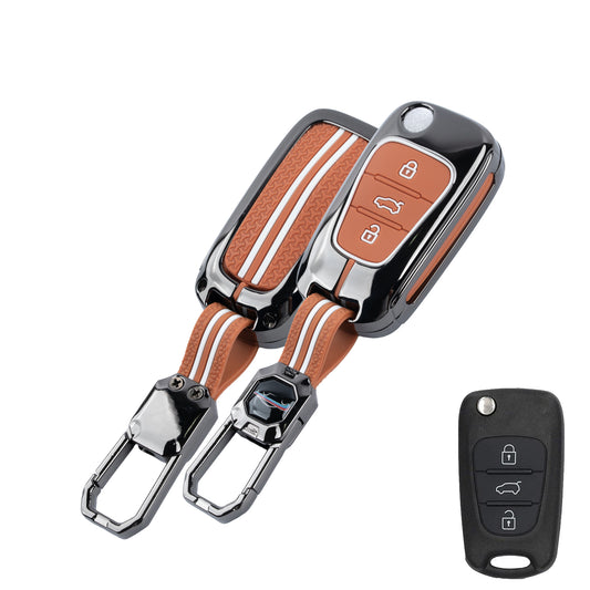 Metal Sapphire Key Cover With Key Chain Compatible For Hyundai Old Verna | Old Elentra | Old i20 | Old i10 (3 button Flip Key)
