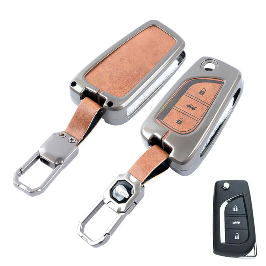 Metal Leather Brown Car Key Cover Compatible For Toyota: Innova Crysta, Corolla Altis. (3 button flip key)