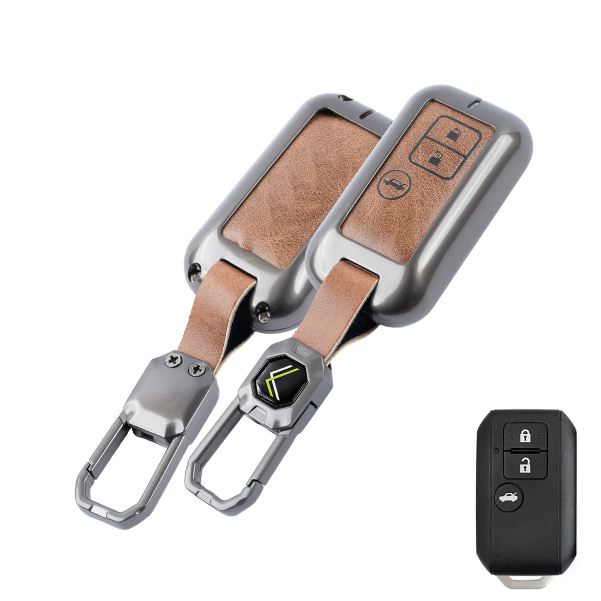 Metal Leather Brown Key Cover Compatible For Suzuki : Baleno, Swift, Ertiga, XL6, DZire, Fronx, Scross, Celerio, Ciaz, Brezza, Grand Vitara, Jimny, Ignis