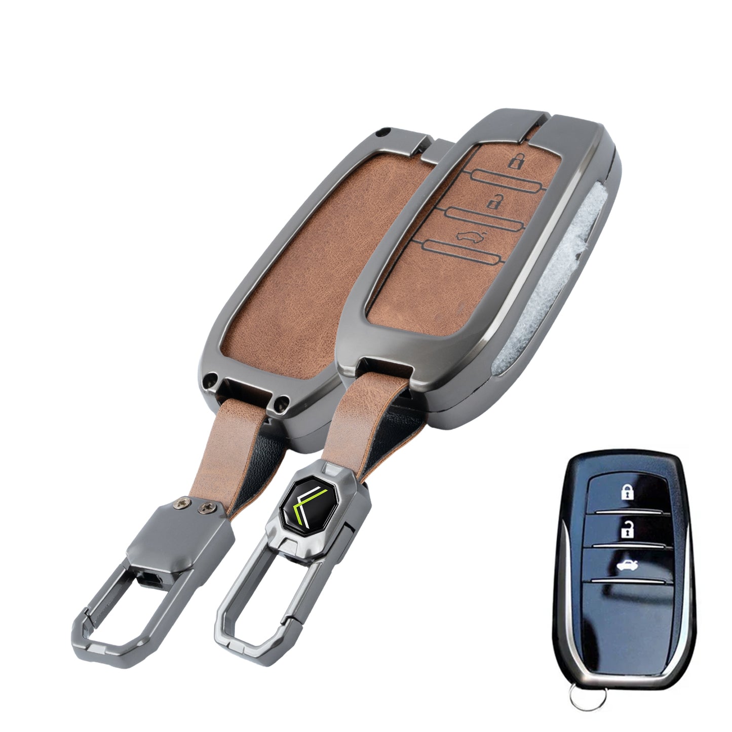 Metal Leather Brown Car Key Cover Compatible For Toyota: Innova Crysta, HyCross, Hilux, Fortuner, Legender, Land Cruiser, Camry (3 button smart key)