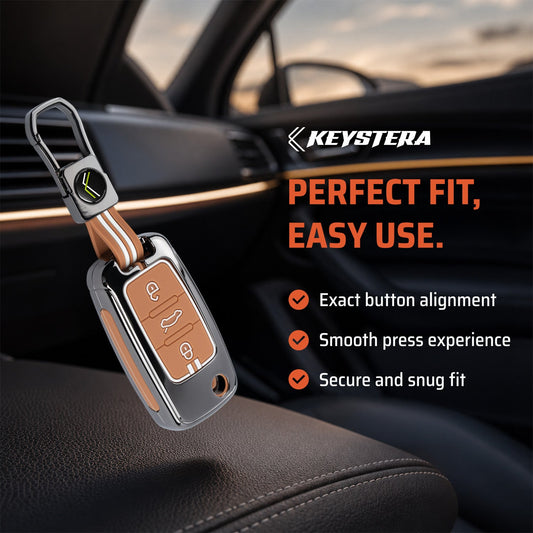 Metal Key Cover Compatible For Skoda : Octavia, Fabia, Laura, Superb, Rapid, Yeti & Volkswagen : Polo, Vento, Jetta, Ameo(3 Button Flip Key)