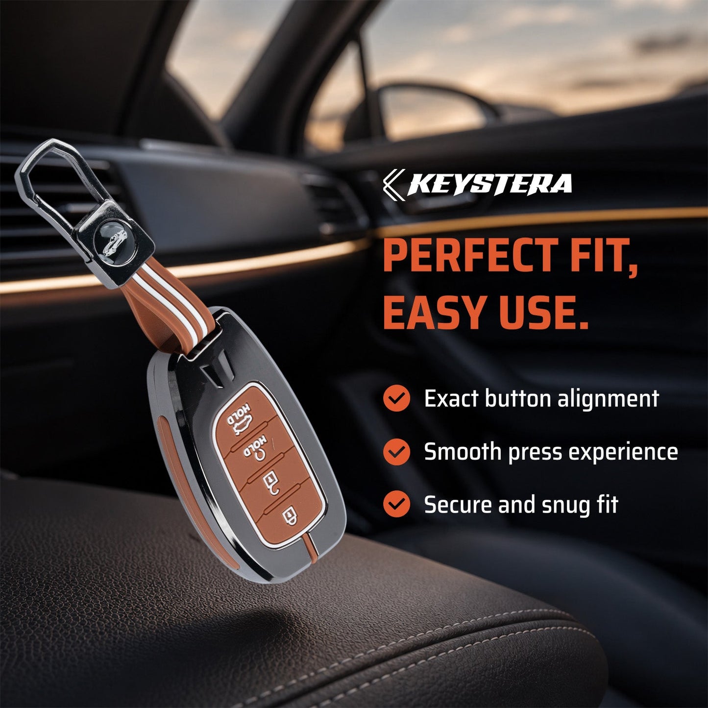 Metal Sapphire Key Cover With Key Chain Compatible with Hyundai: Alcazar, Creta 2021 onwards (4 button smart key)