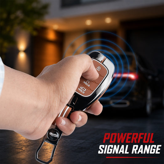 Metal Sapphire Key Cover With Key Chain Compatible with Hyundai: Alcazar, Creta 2021 onwards (4 button smart key)