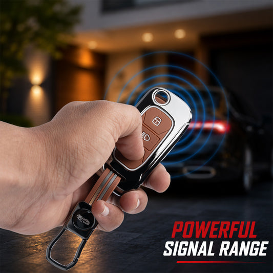 Metal Key Cover With Key Chain Compatible with Tata: Nexon, Harrier, Safari, Altroz, Punch, Tiago, Tigor, Zest, Bolt, Hexa (3 button Flip Key)