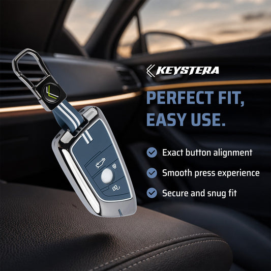 Metal Key Cover With Key Chain Compatible With BMW GT-Series | X-Series | M-Series | 3-Series | 5-Series | 7-Series 3 Button Smart Key