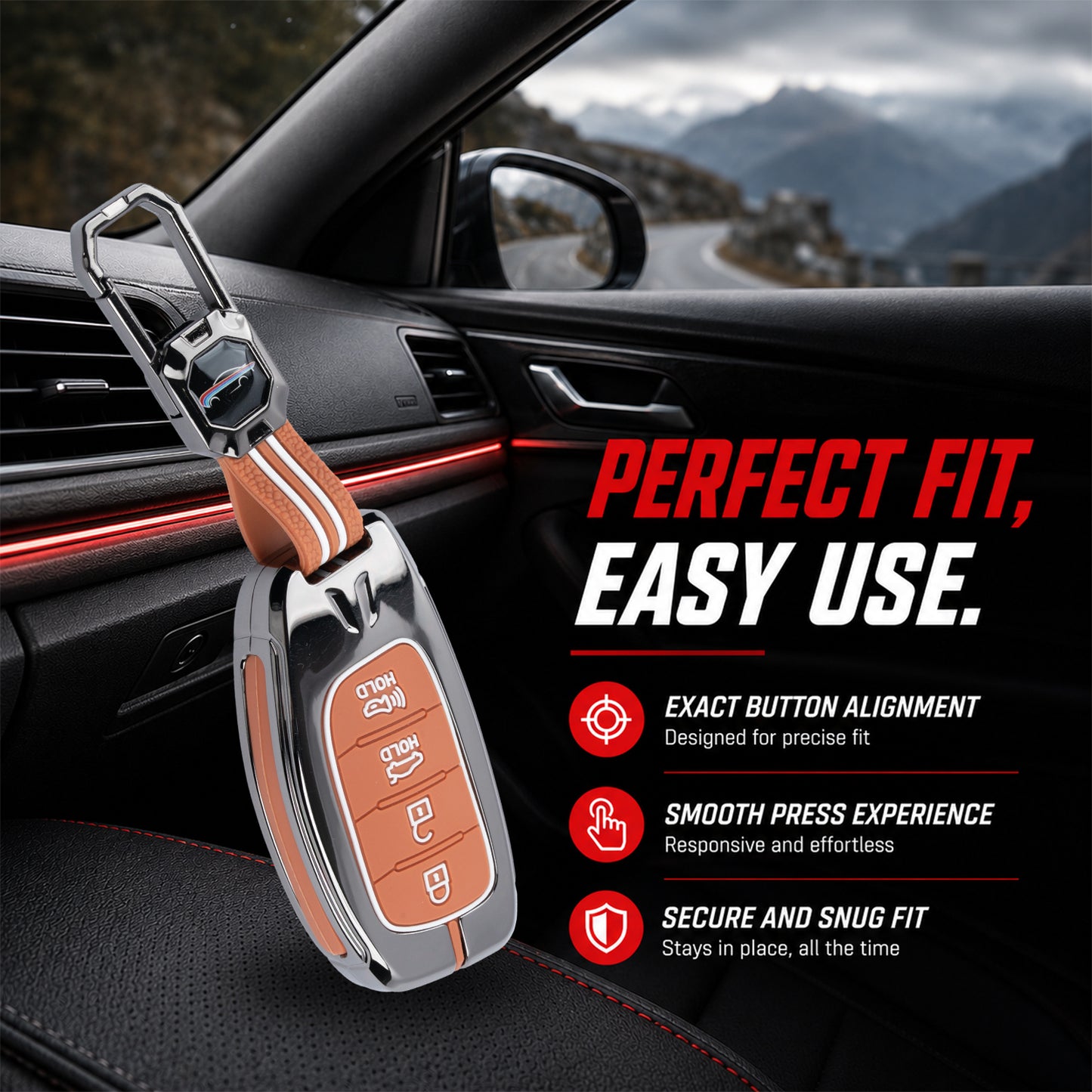Metal Key Cover Compatible For Hyundai: i20, Creta, Venue, Tucson, Alcazar, Grand i10, Verna, Xcent, Aura, Elantra (4 button Smart Key)