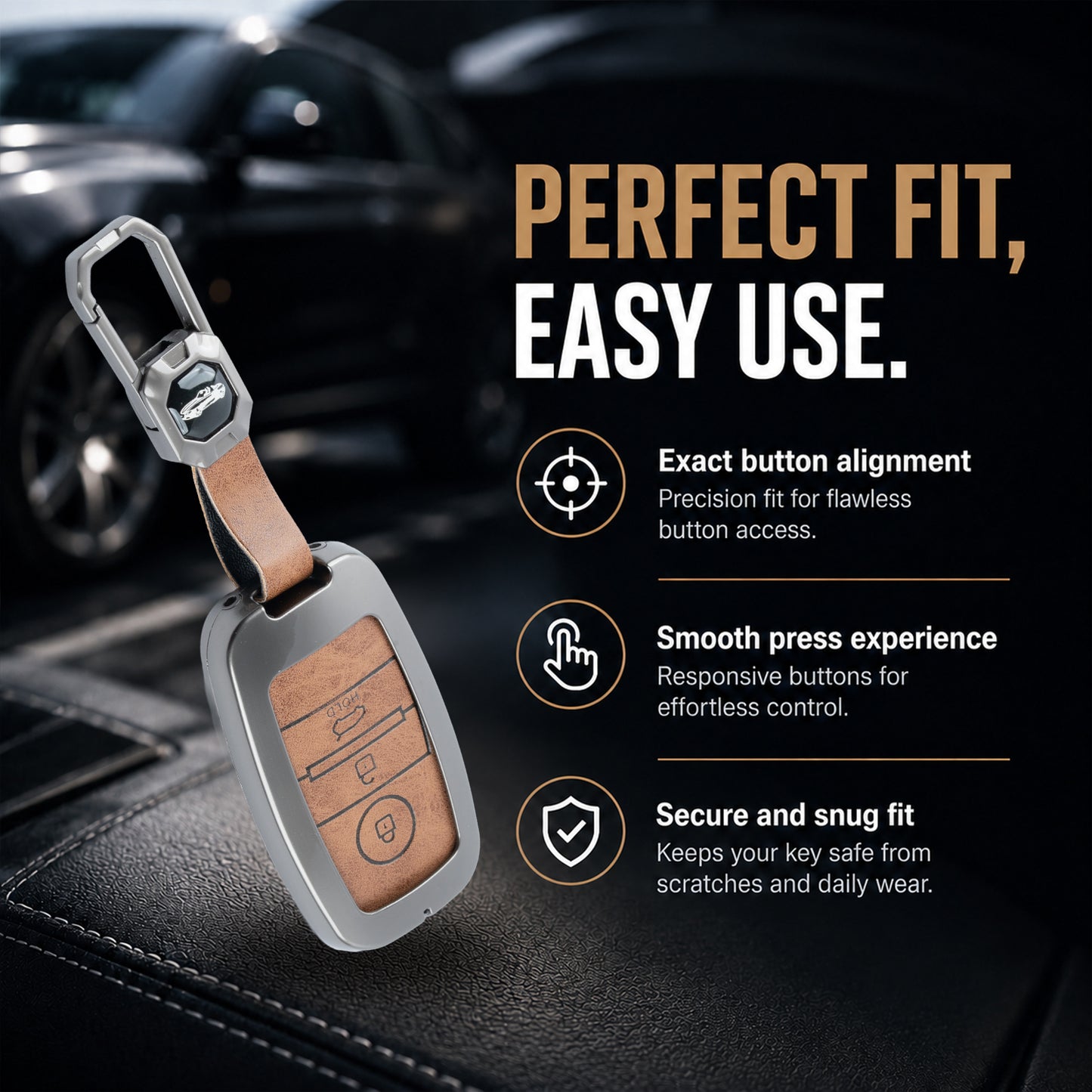 Metal Leather Brown Car Key Cover Compatible For Kia Seltos, Kia Sonet,Kia Carens,Kia Carnival (3 Button Smart Key)