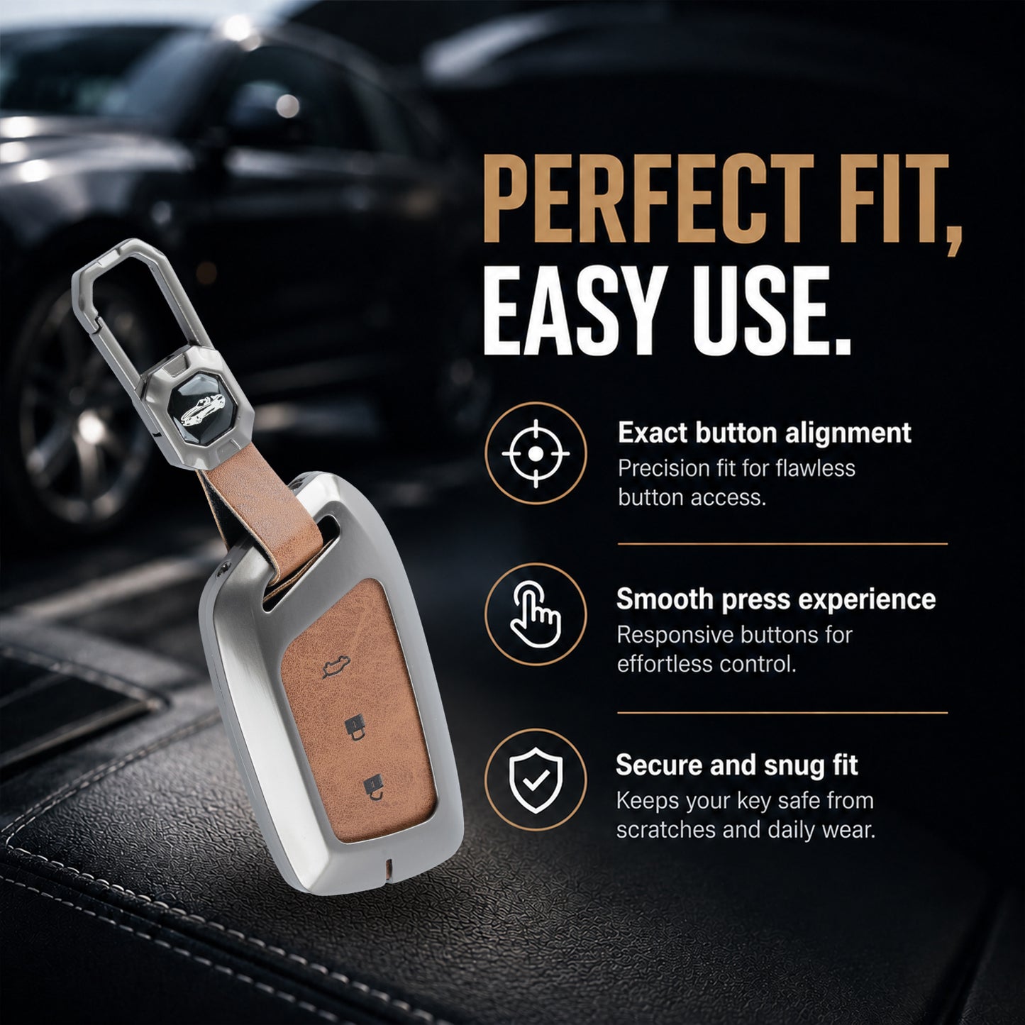 Metal Leather Brown Car Key Cover Compatible For MG Hector | MG Windsor | MG Astor | MG Gloster 3 Button smart key)