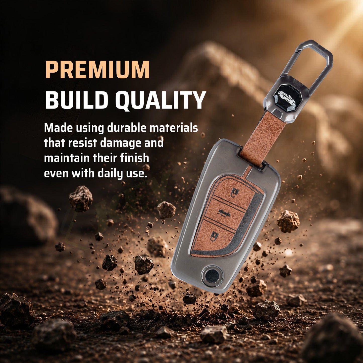 Metal Leather Brown Car Key Cover Compatible For Toyota: Innova Crysta, Corolla Altis. (3 button flip key)