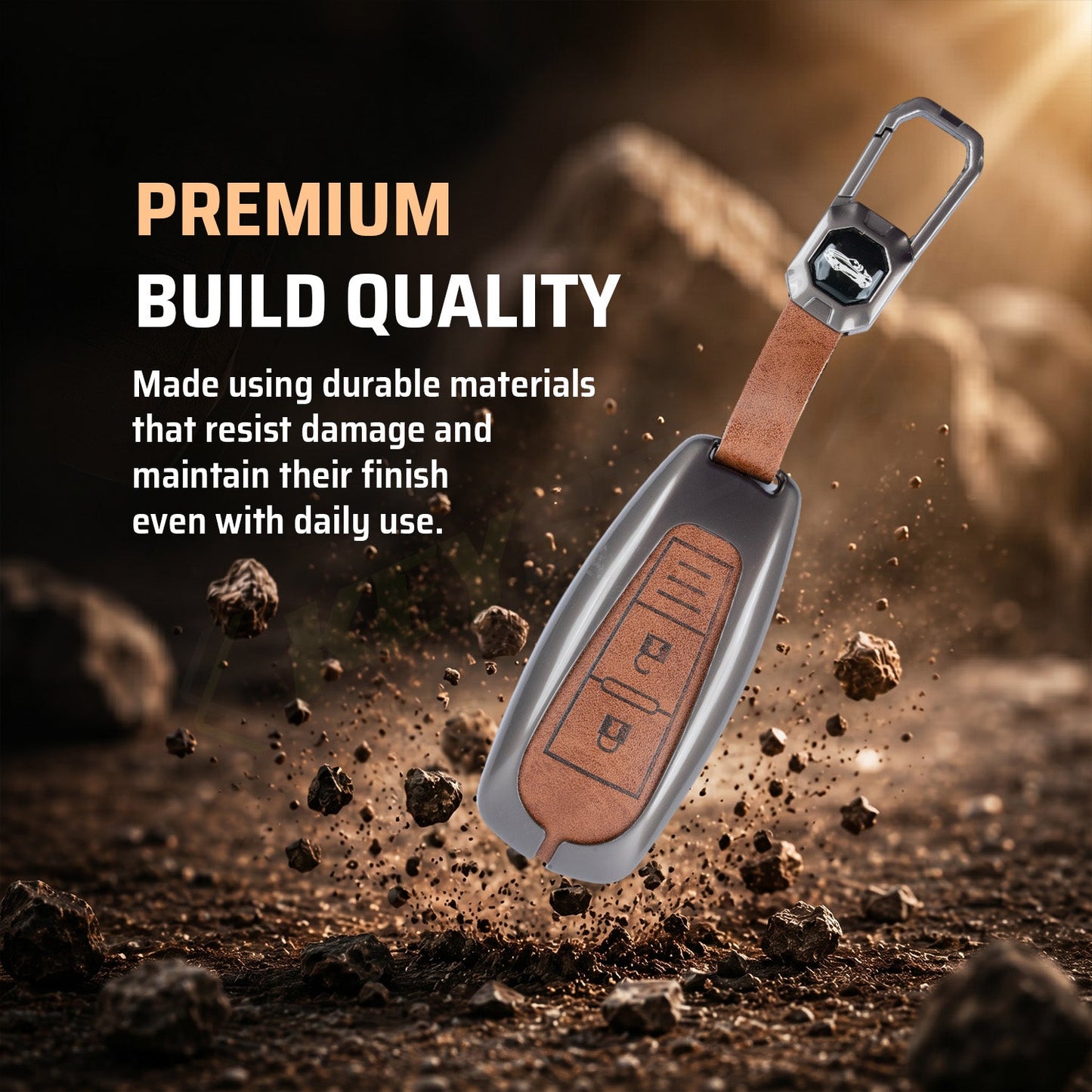 Metal Leather Brown Car Key Cover Compatible For  Suzuki: Baleno, Ciaz, Ignis, S-Cross, Grand Vitara, Brezza & Toyota Urban Cruiser (3 Button smart key)