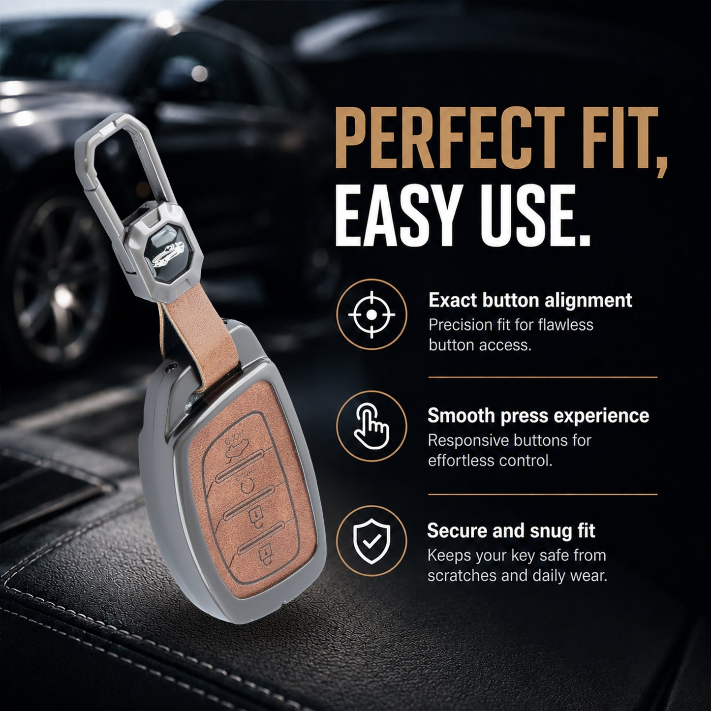 Metal Car Key Cover Compatible For Hyundai: Alcazar, Creta 2021 onwards (4 button smart key)