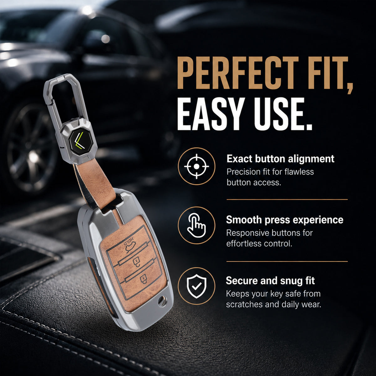 Metal Leather Brown Car Key Cover Compatible For Kia Seltos, Kia Sonet,Kia Carens (3 Button Flip Key)
