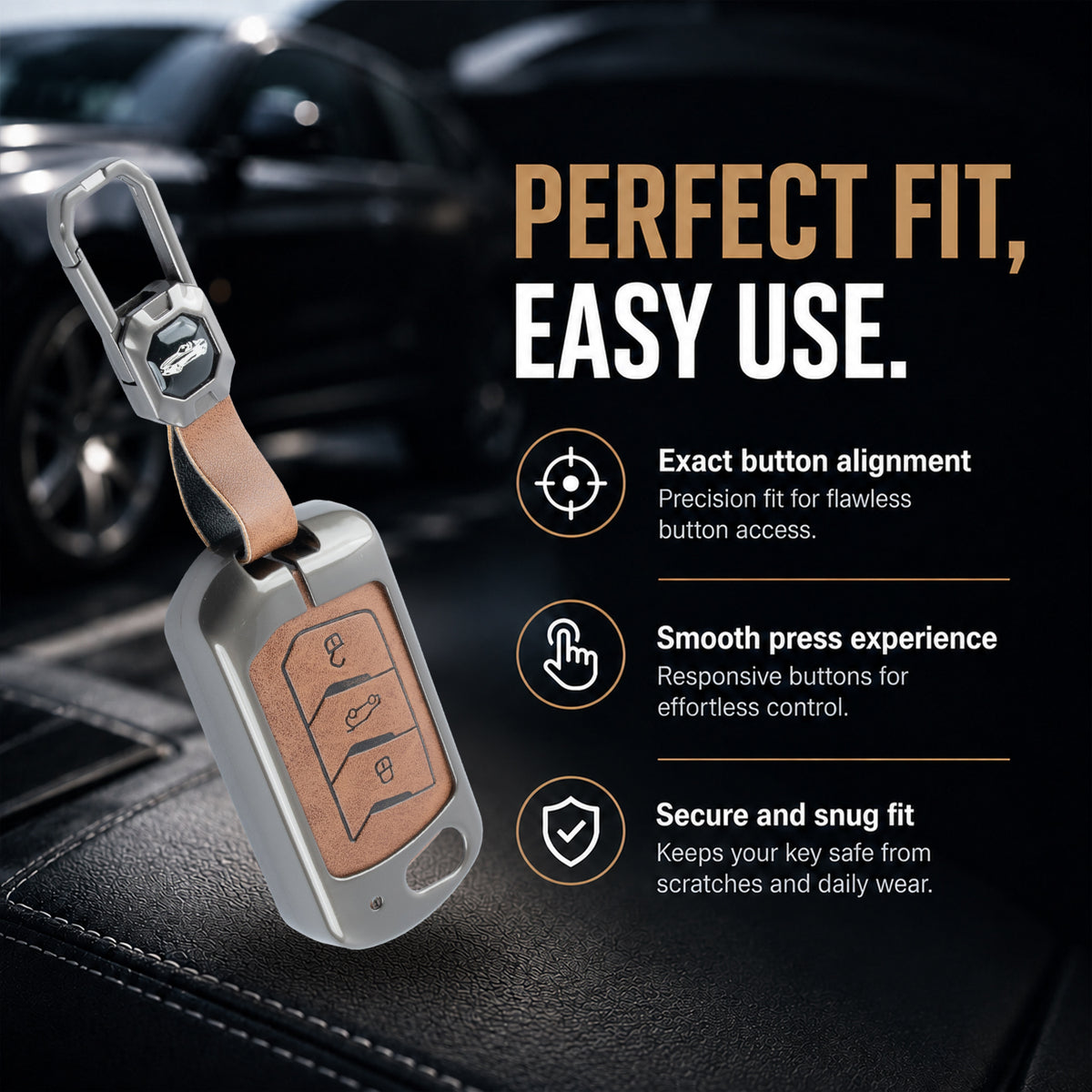 Metal Leather Brown Car Key Cover Compatible For Mahindra: Thar, Bolero, Scorpio, Scorpio-N, XUV700, XUV400, XUV3x0, XUV300, TUV300, Marazzo (3 button flip key)