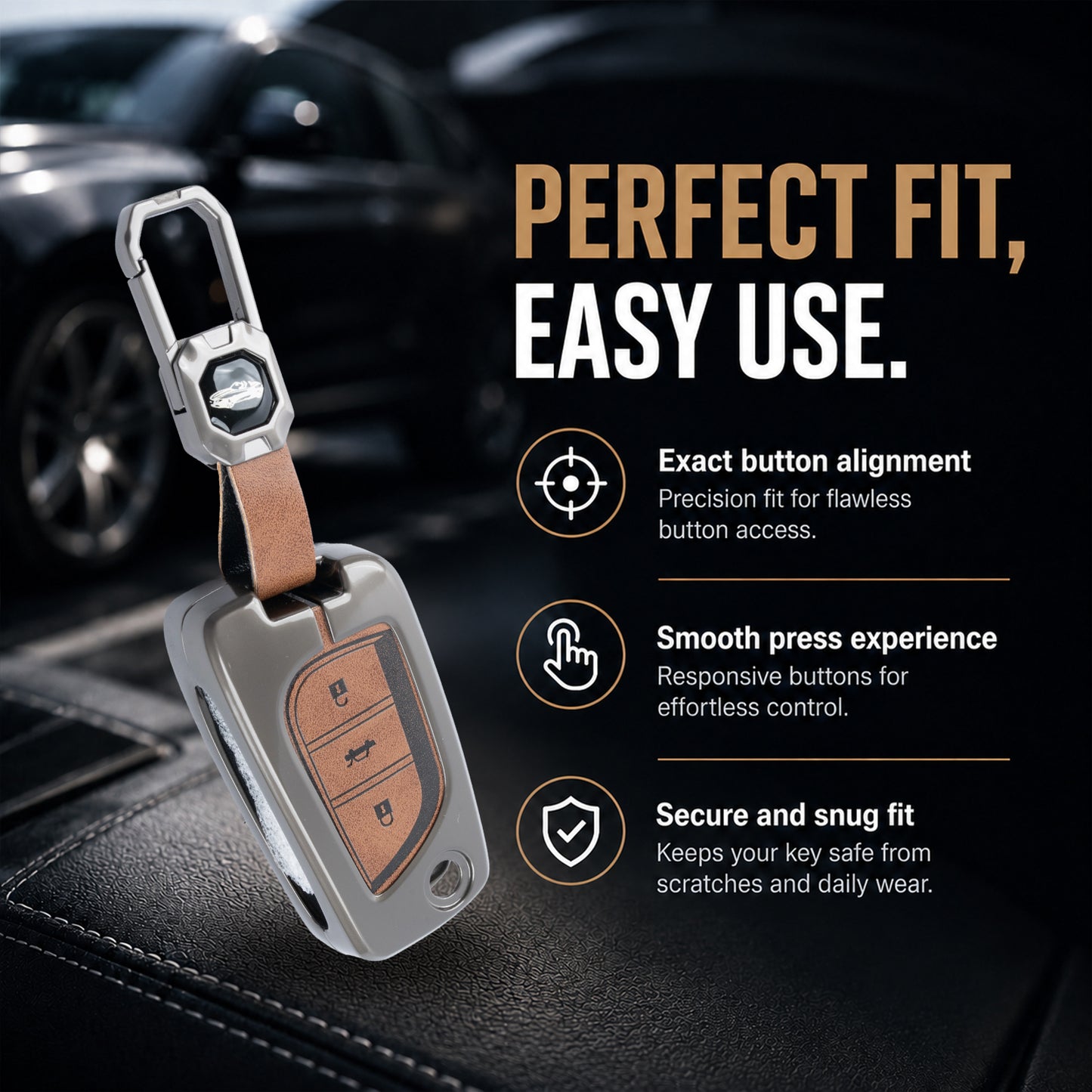 Metal Leather Brown Car Key Cover Compatible For Toyota: Innova Crysta, Corolla Altis. (3 button flip key)