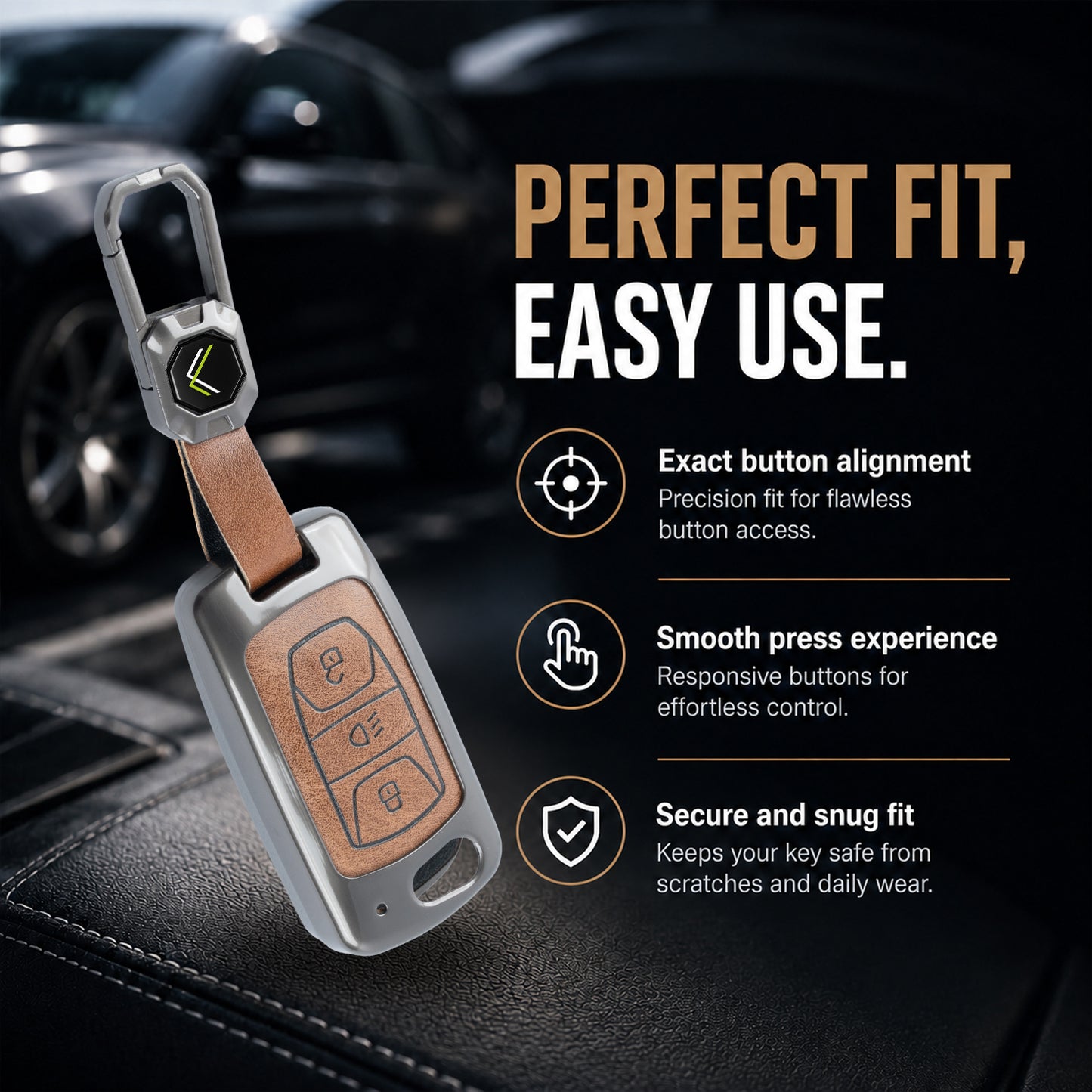 Metal Leather Brown car Key Cover Compatible For Tata: Nexon, Harrier, Safari, Altroz, Punch, Tiago, Tigor, Zest, Bolt, Hexa (3 button Flip Key)
