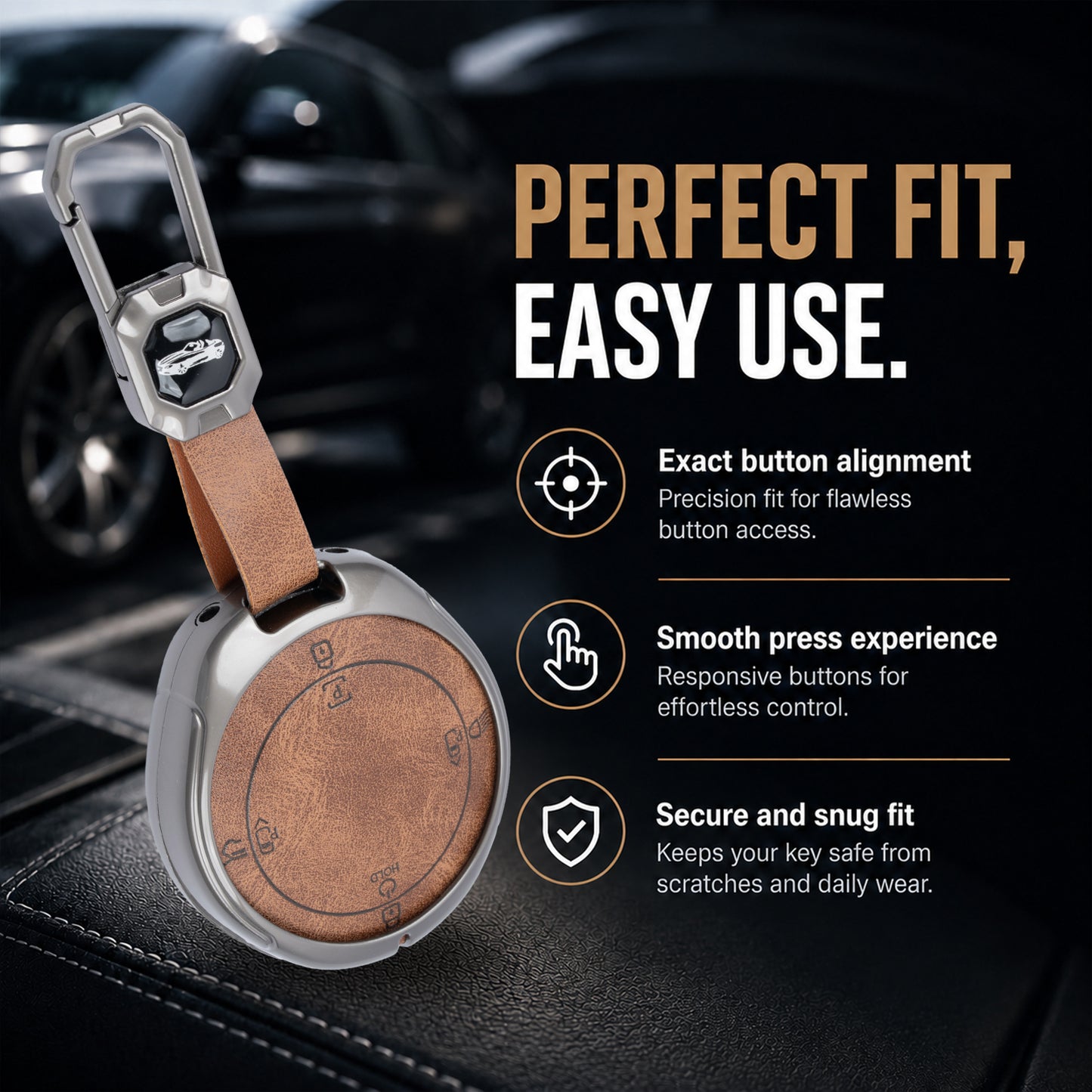 Metal Leather Brown Car Key Cover Compatible For TATA Harrier EV 4 button Smart Key.