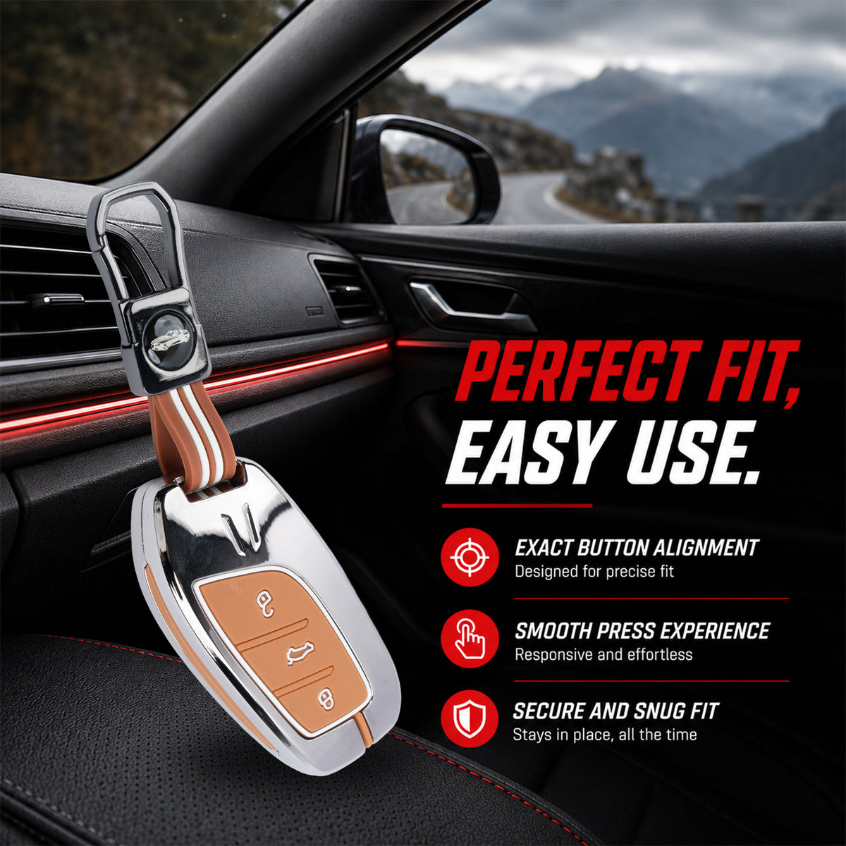 Metal Sapphire Key Cover With Key Chain Compatible with MG Astor, MG ZS EV (3 Button smart key)