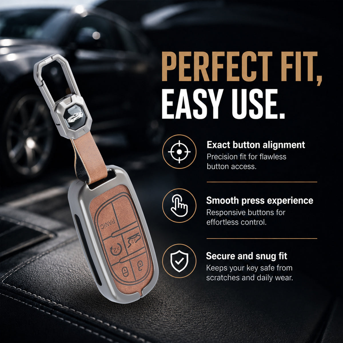 Metal Leather Brown Car Key Cover Compatible For Jeep Compass Smart Key