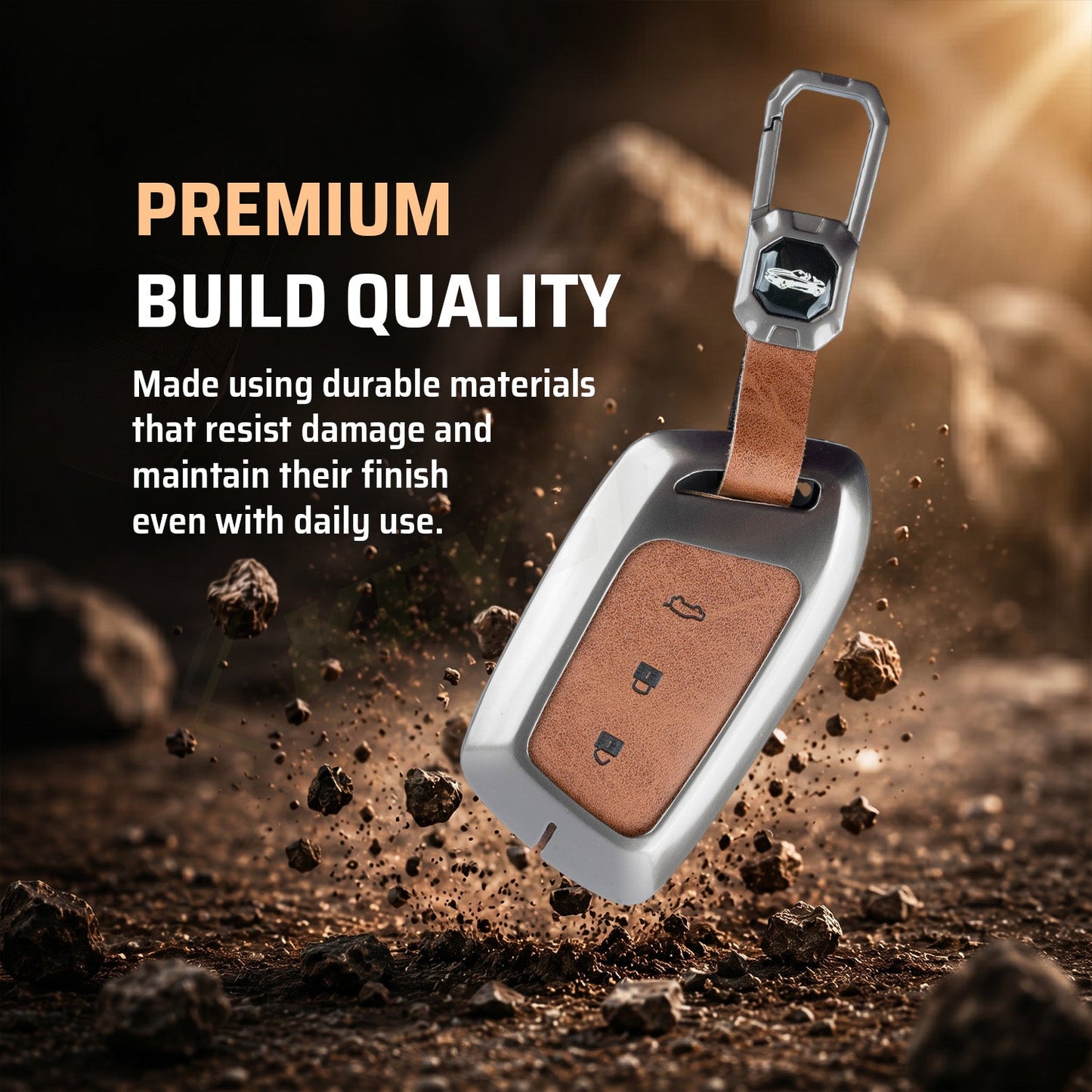 Metal Leather Brown Car Key Cover Compatible For MG Hector | MG Windsor | MG Astor | MG Gloster 3 Button smart key)