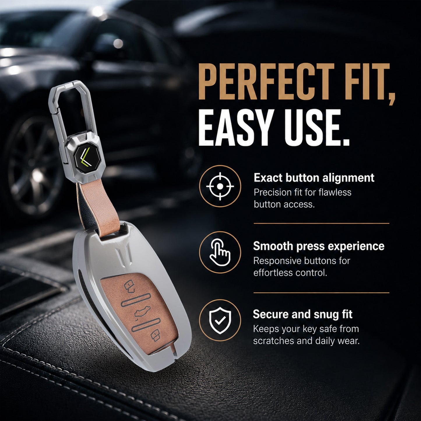 Metal Leather Brown Car Key Cover Compatible For MG Astor, MG ZS EV (3 Button smart key)