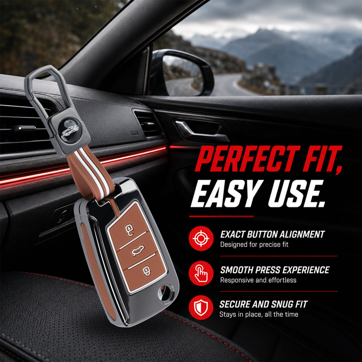 Metal Key Cover Compatible For Skoda Kushaq | Skoda Kodiaq | Skoda Slavia | Octavia | Volkswagen Tiguan | Volkswagen Virtus | New Polo | New Vento (3 Button)
