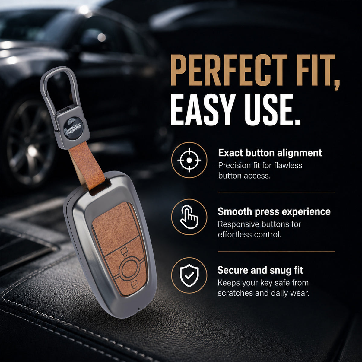 Metal Leather Key Cover Compatible for Ford Ecosport | Endeavour | Freestyle | Aspire | Figo (2 button Smart Key)