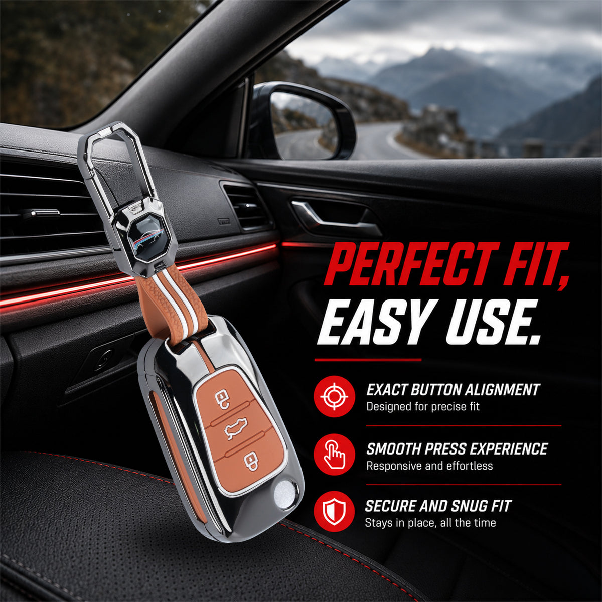 Metal Sapphire Key Cover With Key Chain Compatible For Hyundai Old Verna | Old Elentra | Old i20 | Old i10 (3 button Flip Key)