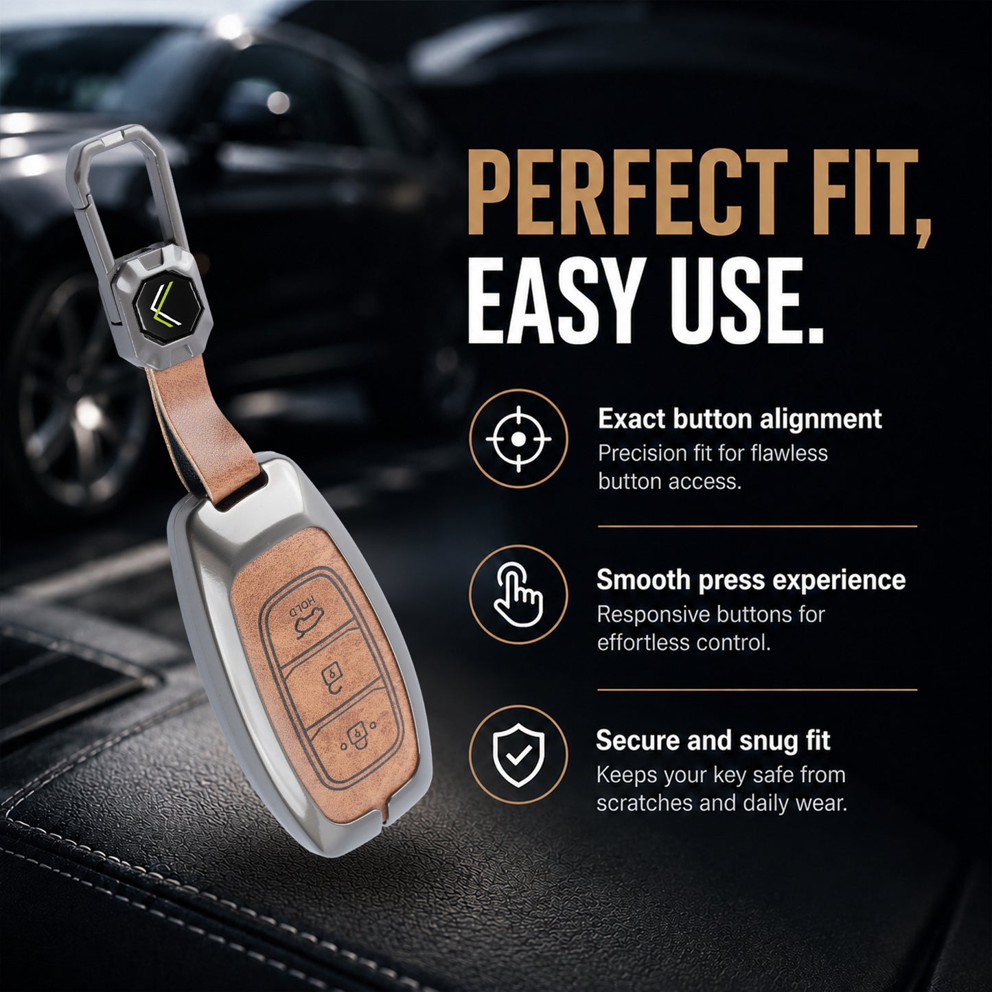 Metal Leather Brown Car Key Cover Compatible For Hyundai : i20, Kona, Verna 2018 onwards (3 button smart key)